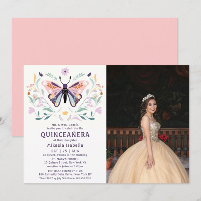 Convites Quinceañera Pink Borboleta Púrpura Foto Floral (Frente/Verso)