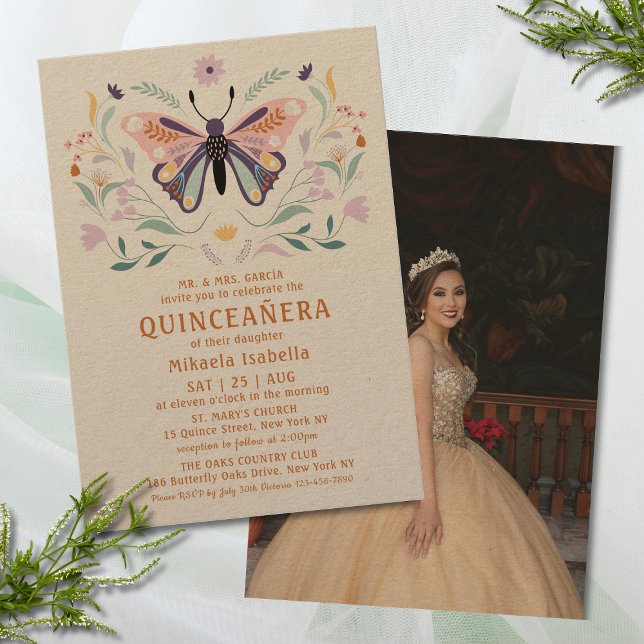 Convites Quinceañera Pink Borboleta Púrpura Foto Floral (Criador carregado)
