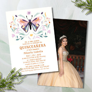 Convites Quinceañera Pink Borboleta Púrpura Foto Floral