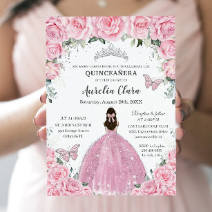 Convites Quinceañera Pink Borboletas Florais Silver Tiara