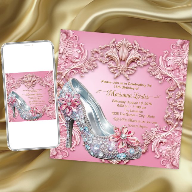 Convites Quinceañera Pink Diamond High Heel Calçado (Quiceanera and any event invitation. Instant download and printed invitations available.)