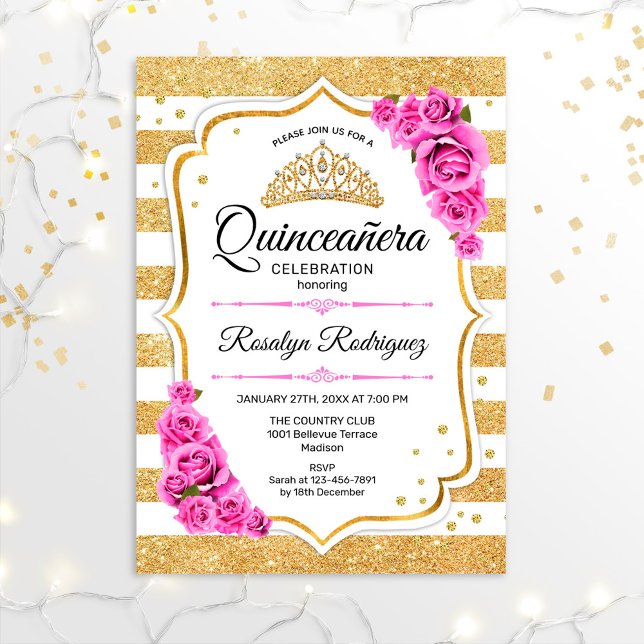 Convites Quinceanera - Pink Dourado Branco (Criador carregado)