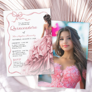 Convites Quinceañera Pink Dress Scalloped Arco Fita