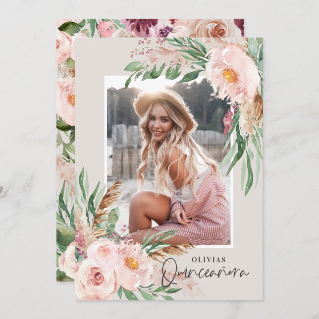 Convites Quinceañera Pink, fotobogã floral (Frente/Verso)
