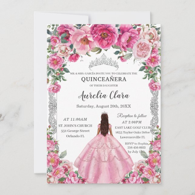 Convites Quinceañera Pink Fuchsia Flores Vestir Prata (Frente)