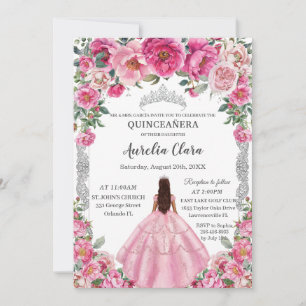 Convites Quinceañera Pink Fuchsia Flores Vestir Prata