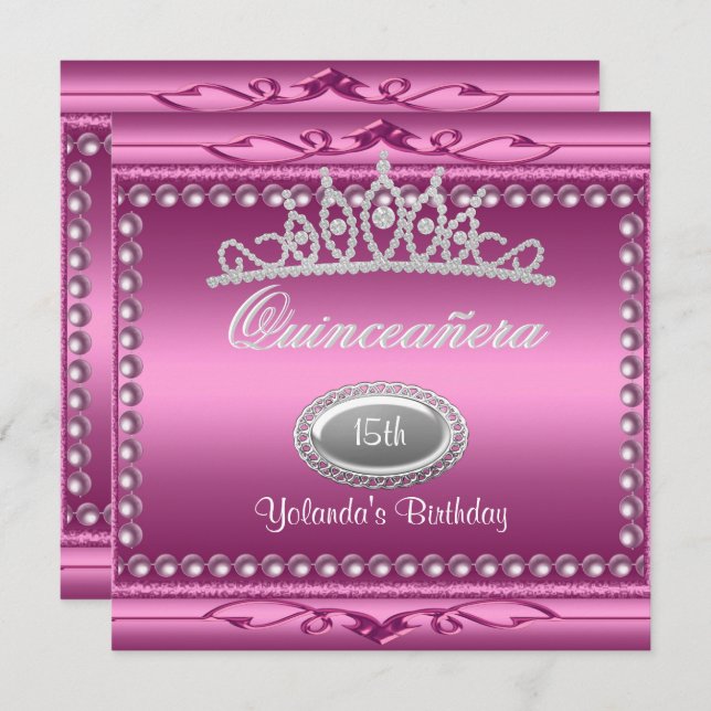Convites Quinceanera Pink Jewel Tiara Pearl 15 Aniversário (Frente/Verso)