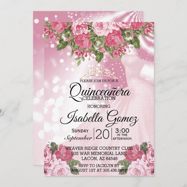 Convites Quinceañera Pink Mauve Gown e Flores (Frente/Verso)