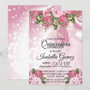 Convites Quinceañera Pink Mauve Gown e Flores