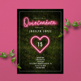 Convites Quinceañera Pink Neon Lights Boxwood Heart