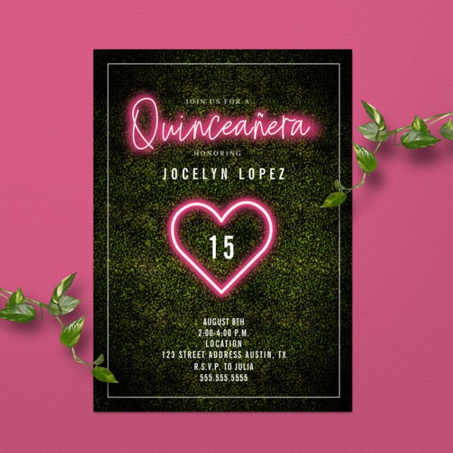 Convites Quinceañera Pink Neon Lights Boxwood Heart (Criador carregado)