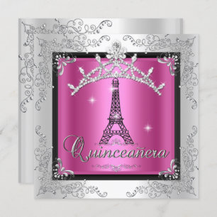 Convites Quinceanera Pink Prata Tiara Eiffel Torre