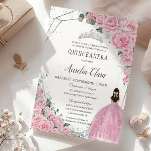 Convites Quinceañera Pink Princesa Floral Silver Aniversári