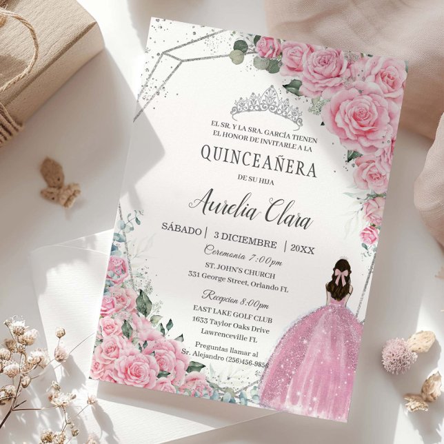 Convites Quinceañera Pink Princesa Floral Silver Aniversári (Criador carregado)