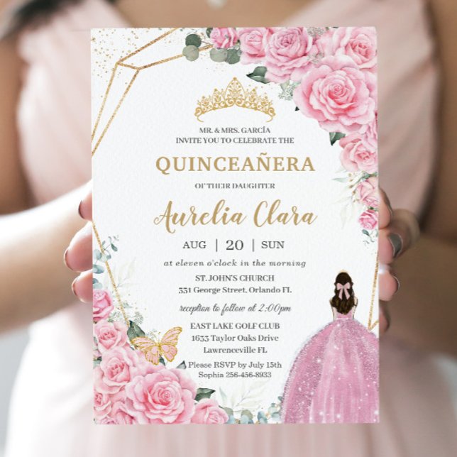 Convites Quinceañera Pink Roses Floral Dourada Princesa Cor (Criador carregado)