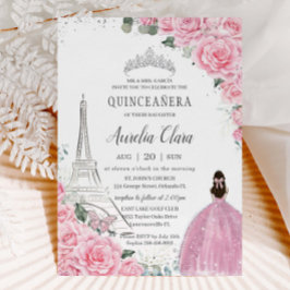 Convites Quinceañera Pink Roses Floral Paris Eiffel Silver