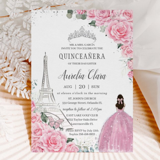 Convites Quinceañera Pink Roses Floral Paris Eiffel Silver (baby-pink-floral-roses-silver-eiffel-tower-paris-quinceanera-xv-sweet-sixteen-birthday-invitation)