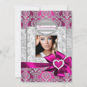 Convites Quinceanera Pink & Silver Damask