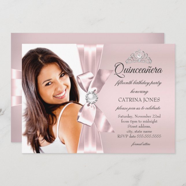 Convites Quinceanera Pink Silver Diamond Arco Tiara (Frente/Verso)