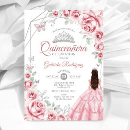 Convites Quinceanera Pink Silver Dress Floral