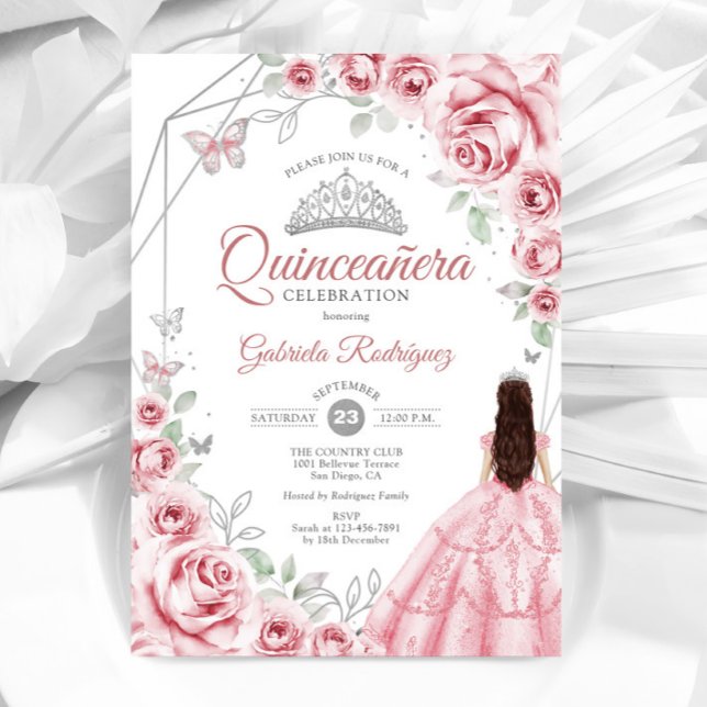 Convites Quinceanera Pink Silver Dress Floral (Criador carregado)
