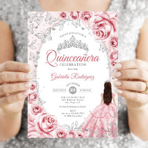 Convites Quinceanera Pink Silver Floral