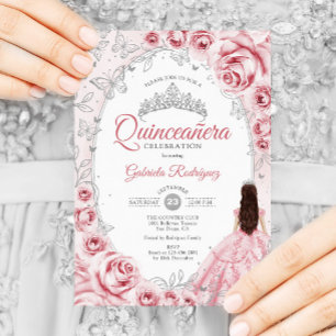 Convites Quinceanera Pink Silver Floral