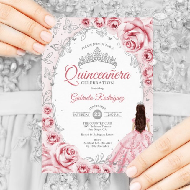 Convites Quinceanera Pink Silver Floral (Criador carregado)