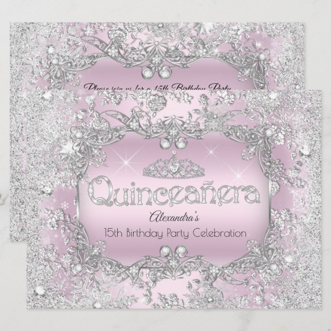 Convites Quinceanera Pink Silver Tiara Winter Wonderland 2 (Frente/Verso)