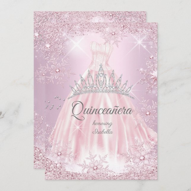 Convites Quinceanera Pink Snowflake Vestido de inverno Tiar (Frente/Verso)