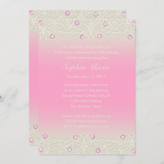 Convites Quinceanera Pink Sparkle e Lace (Frente/Verso)