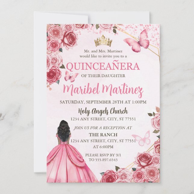 Convites Quinceanera Pink Vress Borboleta (Frente)