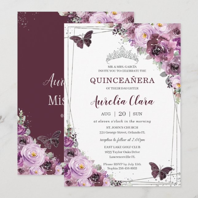Convites Quinceañera Plum Mauve Borboletas Florais Silver (Frente/Verso)