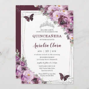 Convites Quinceañera Plum Mauve Borboletas Florais Silver