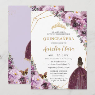 Convites Quinceañera Plum Mauve Purple Floral Dourada Prin