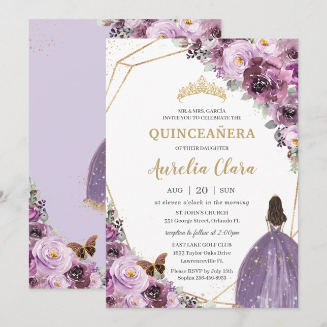 Convites Quinceañera Plum Mauve Purple Floral Mis Quince 15 (Frente/Verso)