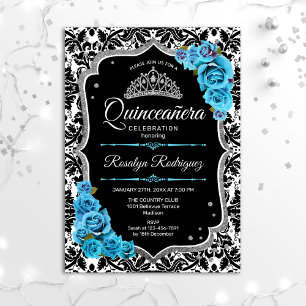 Convites Quinceanera - Prata Azul Preta