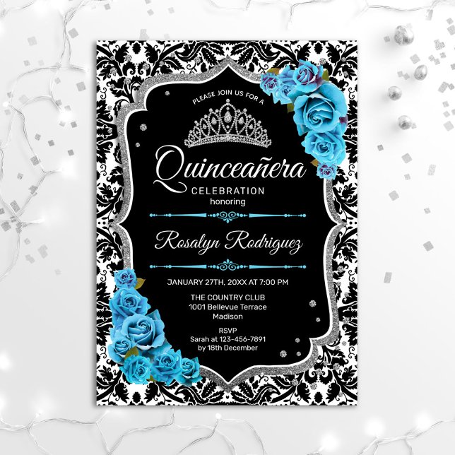 Convites Quinceanera - Prata Azul Preta (Criador carregado)