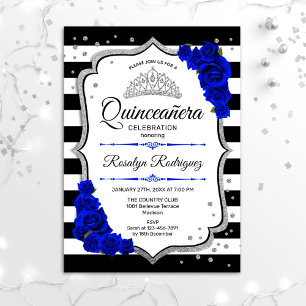 Convites Quinceanera - Prata Azul Preta Branco