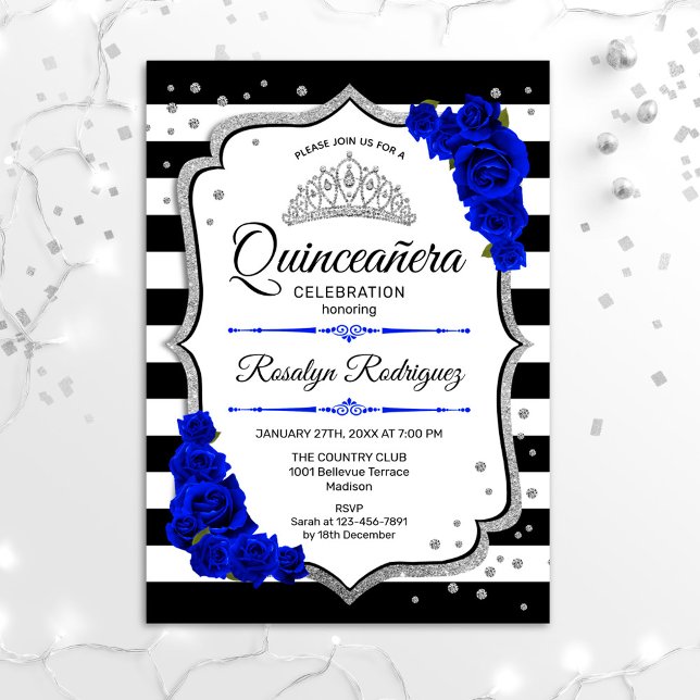 Convites Quinceanera - Prata Azul Preta Branco (Criador carregado)