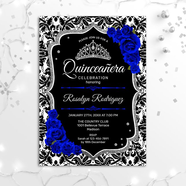 Convites Quinceanera - Prata Azul Real Negra (Criador carregado)