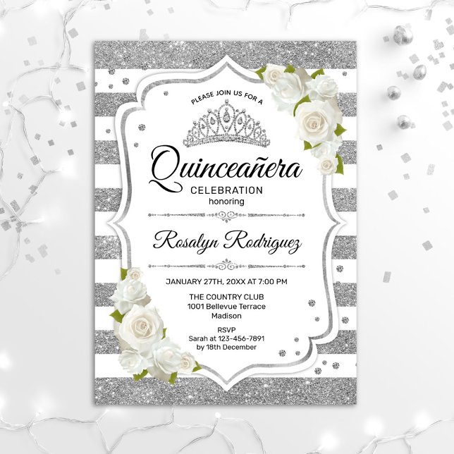 Convites Quinceanera - Prata Branca (Criador carregado)