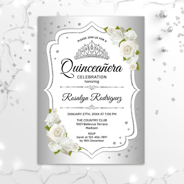 Convites Quinceanera - Prata Branca (Criador carregado)