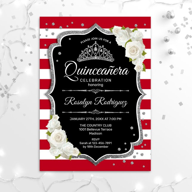 Convites Quinceanera - Prata Branca Preta (Criador carregado)