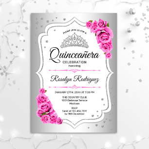 Convites Quinceanera - Prata Branca, Rosa