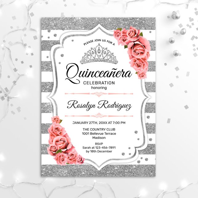 Convites Quinceanera - Prata Branca - Rosa Esbranquiçada (Criador carregado)
