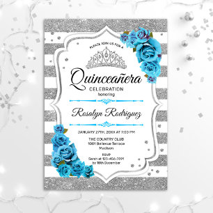 Convites Quinceanera - Prata Branca - Stripe Azul