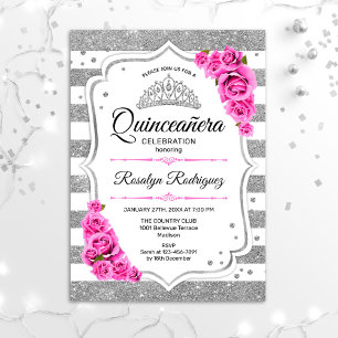 Convites Quinceanera - Prata Branca - Stripes Rosa