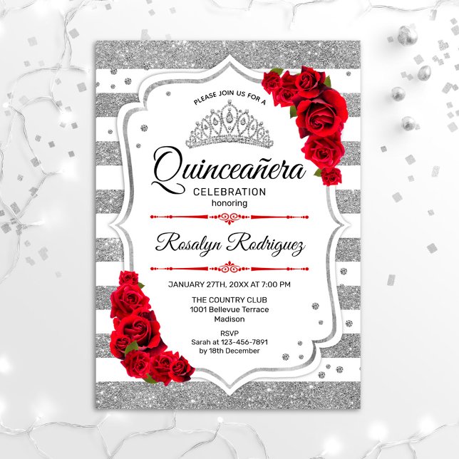 Convites Quinceanera - Prata Branca - Vermelho (Criador carregado)