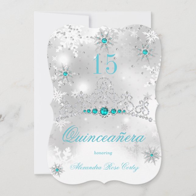 Convites Quinceanera Prata Branco Azul Turquesa Pérola Floc (Frente)